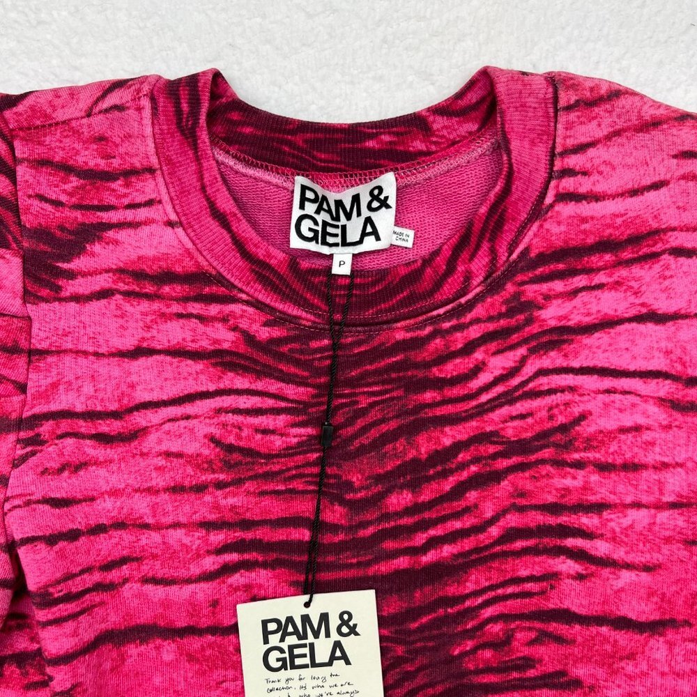 NWT Pam & Gela | Tiger-Print Puff-Sleeve Sweatshirt 100% Pink Size Small - Picture 3 of 7